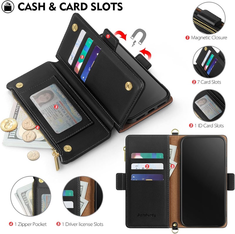 Antsturdy Compatible with iPhone 16 Pro Max Wallet Case for Women【RFID Blocking】 Crossbody Phone Case PU Leather Zipper with Wrist Strap Flip Cover Credit Card Holder for Apple 16 Pro Max,Black - Image 5